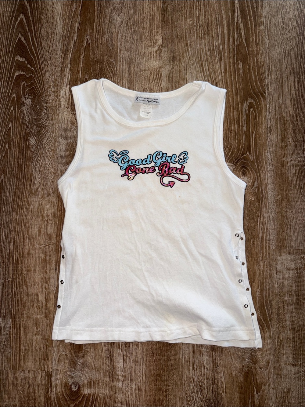 Vintage Y2K White Tank Top with 'Good Girl Gone Bad' Graphic